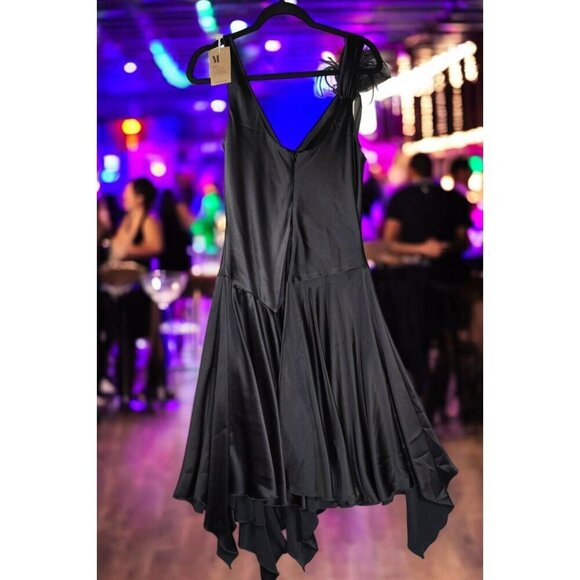 A.B.S. by Allen Schwartz Black Satin Handkerchief Hem Dress - Size 14 - Pre-Own - Picture 6 of 11